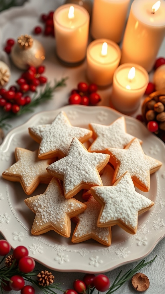 Festive Yalda Night cookies shaped like stars and crescents, dusted with powdered sugar on a decorative plate, with pomegranates and nuts in the background.